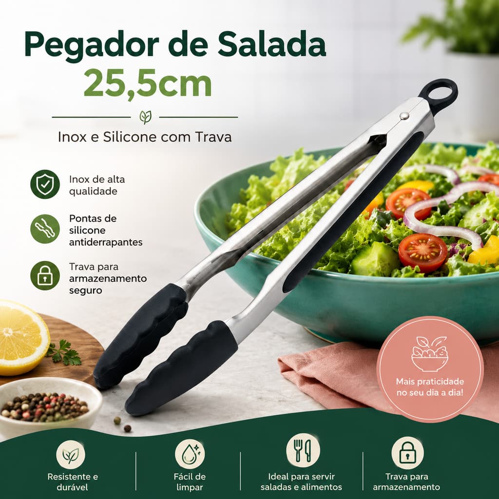 Pegador Silicone Metal Culinária Salada Inox e Silicone com Trava Resistente Praticidade Comida