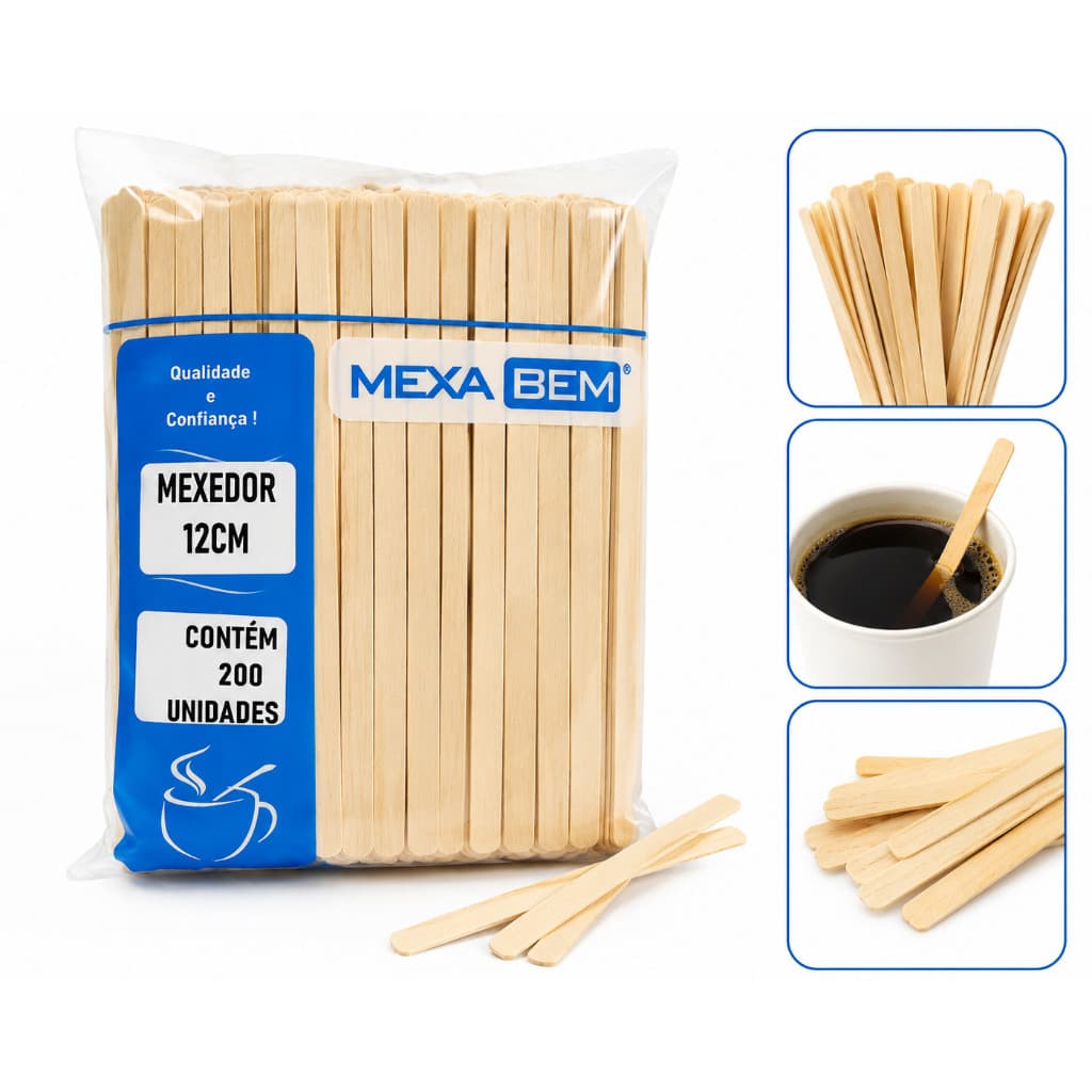 Mexedor De Café Madeira 12cm C/200 Unidades  Resistente e Biodegradável Mexa Bem