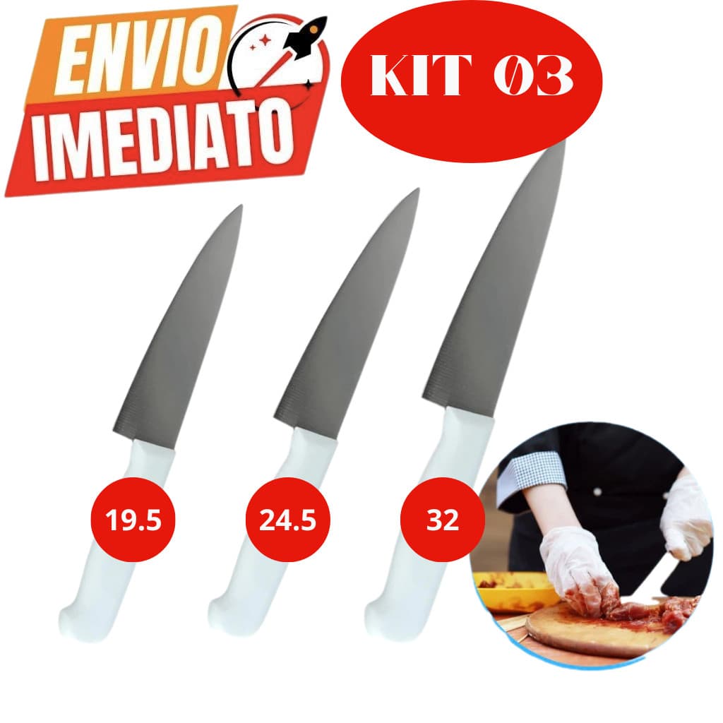 Kit 03 Faca De Cozinha Inox Peixeira Do Chef Com Cabo Branco 8' 5' 3,5' Polegadas Profissional