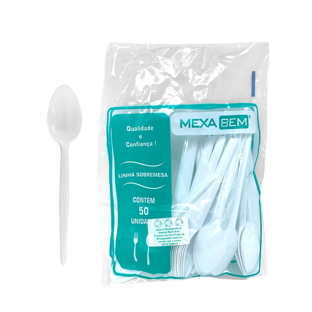 Colher de Plástico Sobremesa Biodegradável Branca Master c/50 Mexa Bem