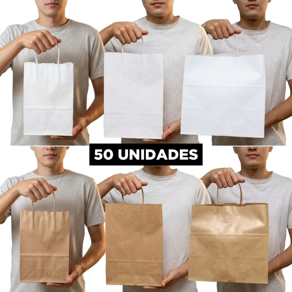 50 Sacolas Papel Kraft Alça Compras Loja Comércio Roupas Presentes Eventos Delivery Festas Bolsas