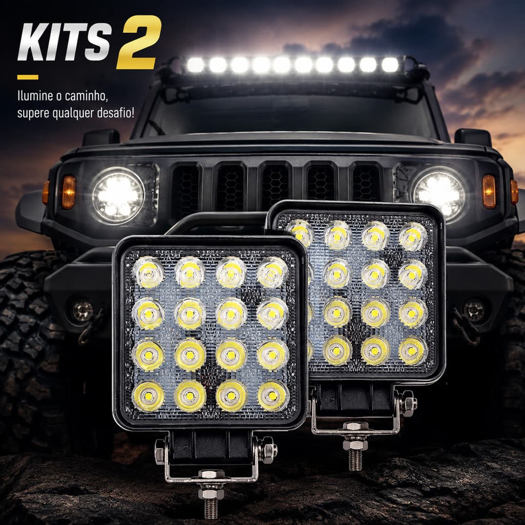 Kit 2 Farol LED Off Road 48W Luz Auxiliar 4x4 Caminhão Trator IP67
