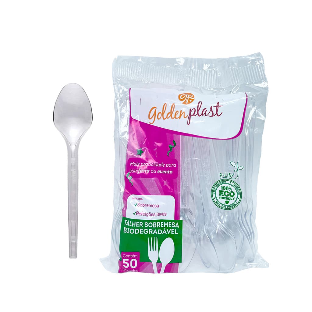 Colher de Plástico Sobremesa Biodegradável Cristal c/50 Goldenplast