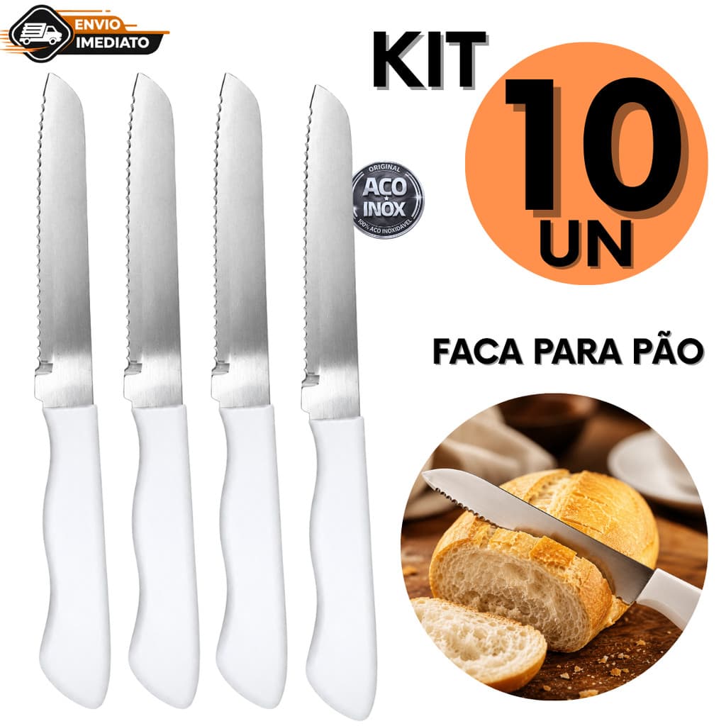 Kit 10 Faca de Pão Serrilhada Aço Inox Cabo Branco para Cortar Pão Bolo Torta Padaria Atacado