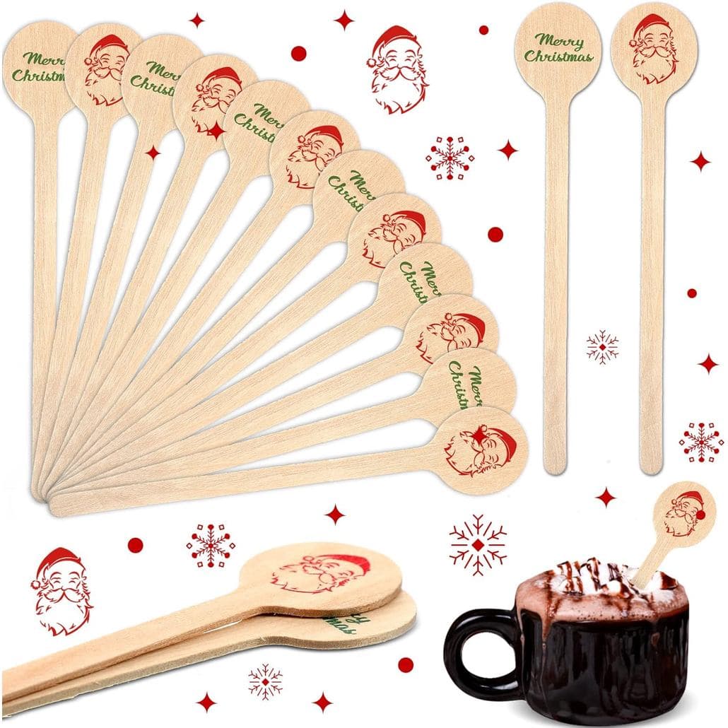 50 Peças de Mexedores de Café de Natal, Palitos de Madeira para Bebidas com Tema de Papai Noel, Mexedores de Coquetel Re