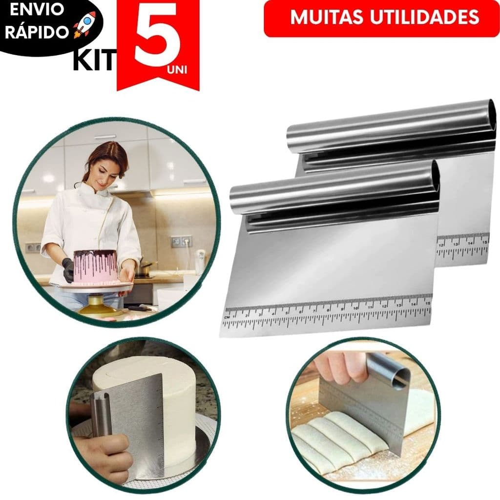 Kit Confeiteiro Espátula Inox Multiuso Profissional Raspador Cortador Massa Bolo Pizza Régua Medidora Doces Cozinha