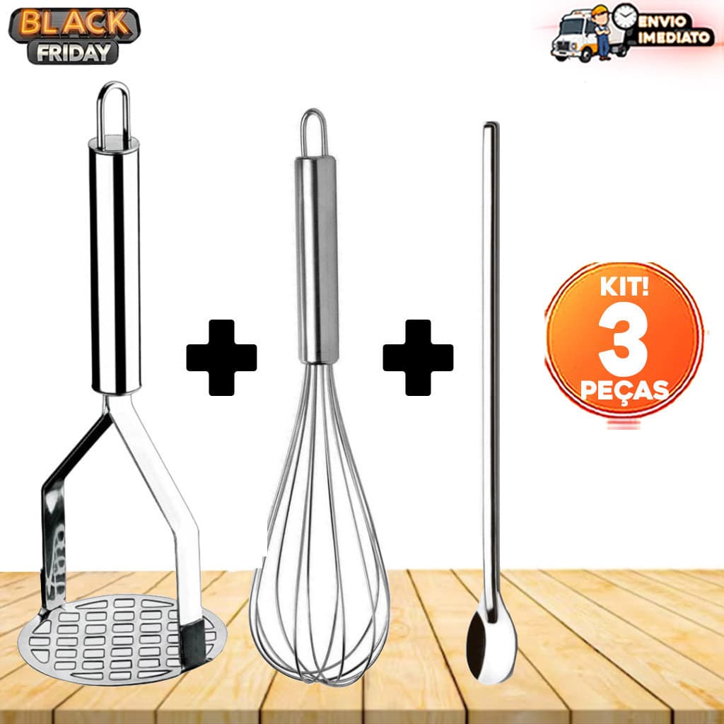 Kit 3 Amassador de Batata Inox+ Batedor de ovos Grande Fue + Colher Suco Bailarina Inox 30 cm