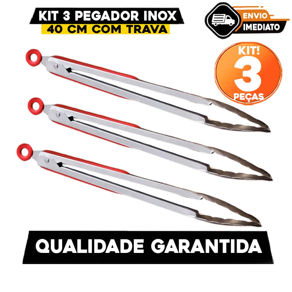 Kit 3 Pegador Inox 40 cm com Trava Para Carne Churrasco Salada Cozinha
