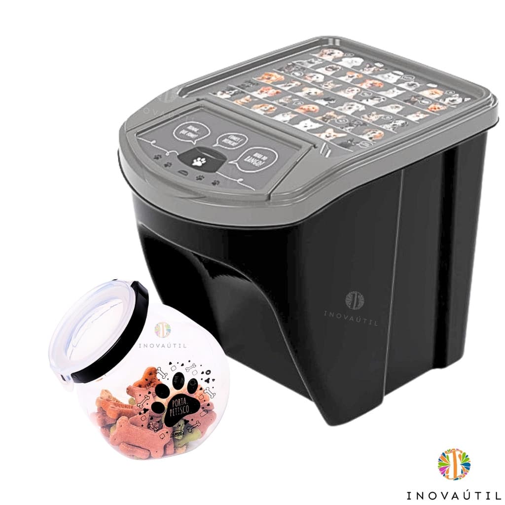 Porta Ração Até 10 Kg e Pote Petisco Com Tampa Hermética 1,5Lts Kit Pets Decorado 2 Peças