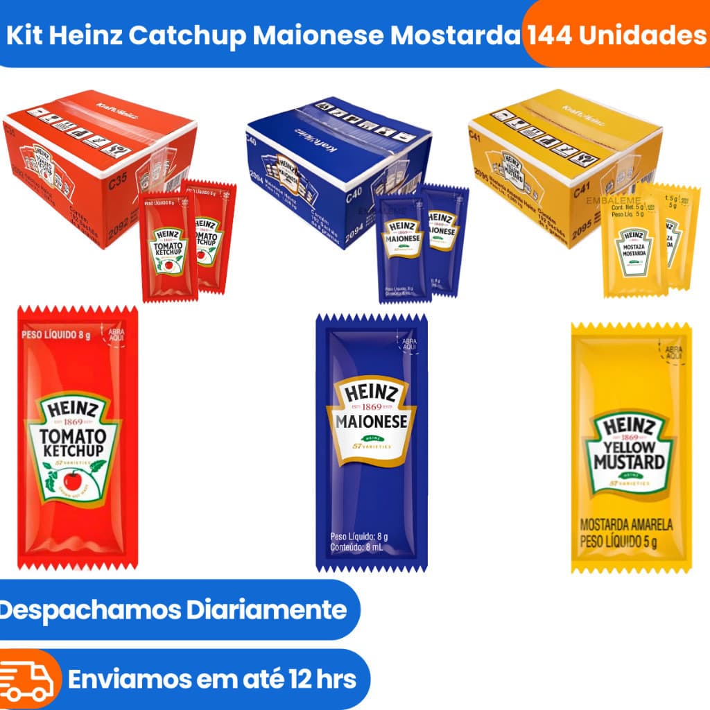 Kit Heinz Sachê Ketchup Maionese Mostarda Caixa 144 Unidades