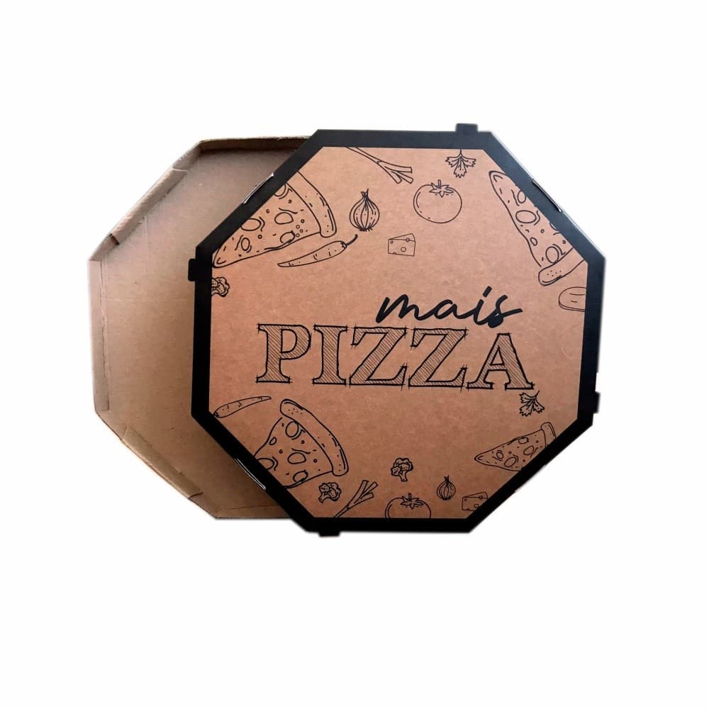 25 Embalagem Pizza 35cm Caixa Oitavada Papel Kraft Impressa "Mais Pizza" para Doces Esfiha Salgados