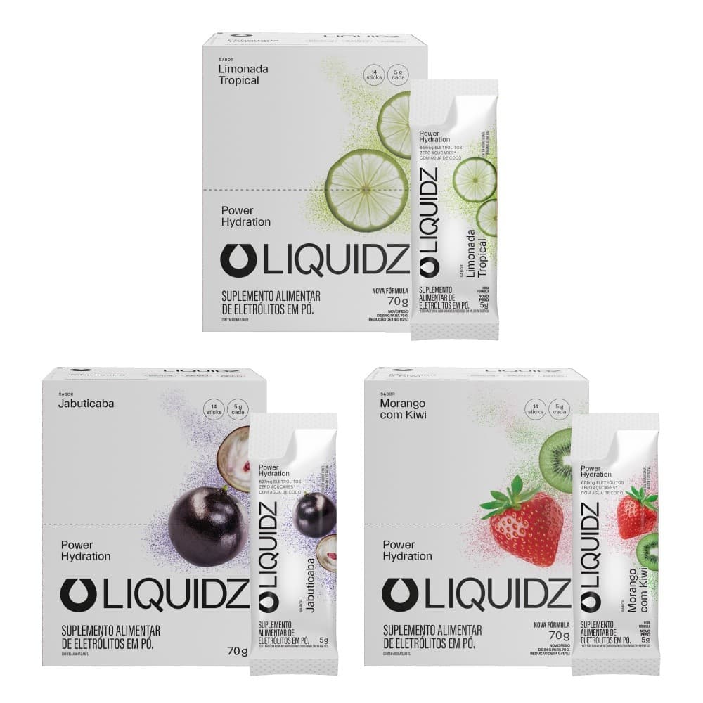 LIQUIDZ® - Eletrólitos Zero Açúcares - 3 Sabores - Kit 3 Caixas 42 sachês