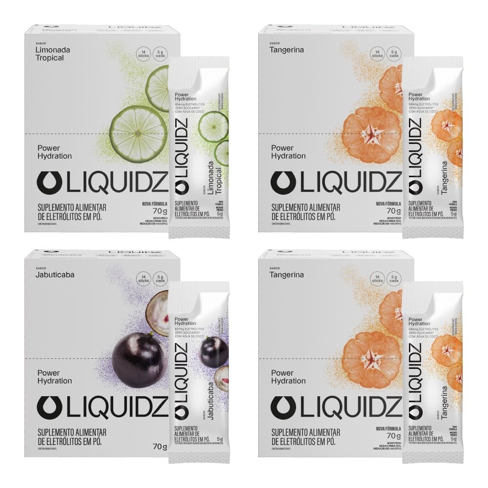 LIQUIDZ® - Eletrólitos Zero Açúcares - 3 Sabores Kit com 4 Caixas - 56 sachês