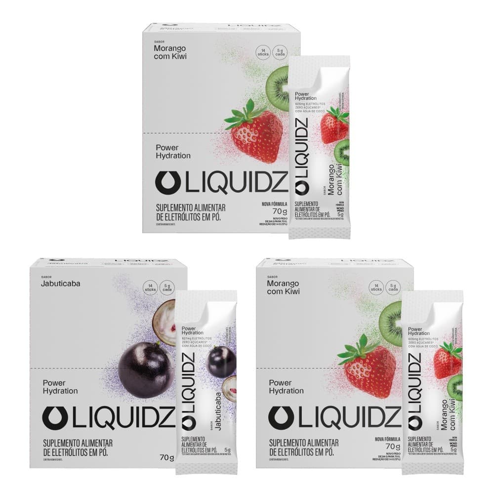 LIQUIDZ® - Eletrólitos Zero Açúcares - Jabuticaba e Morango - Kit 3 Caixas - 42 sachês