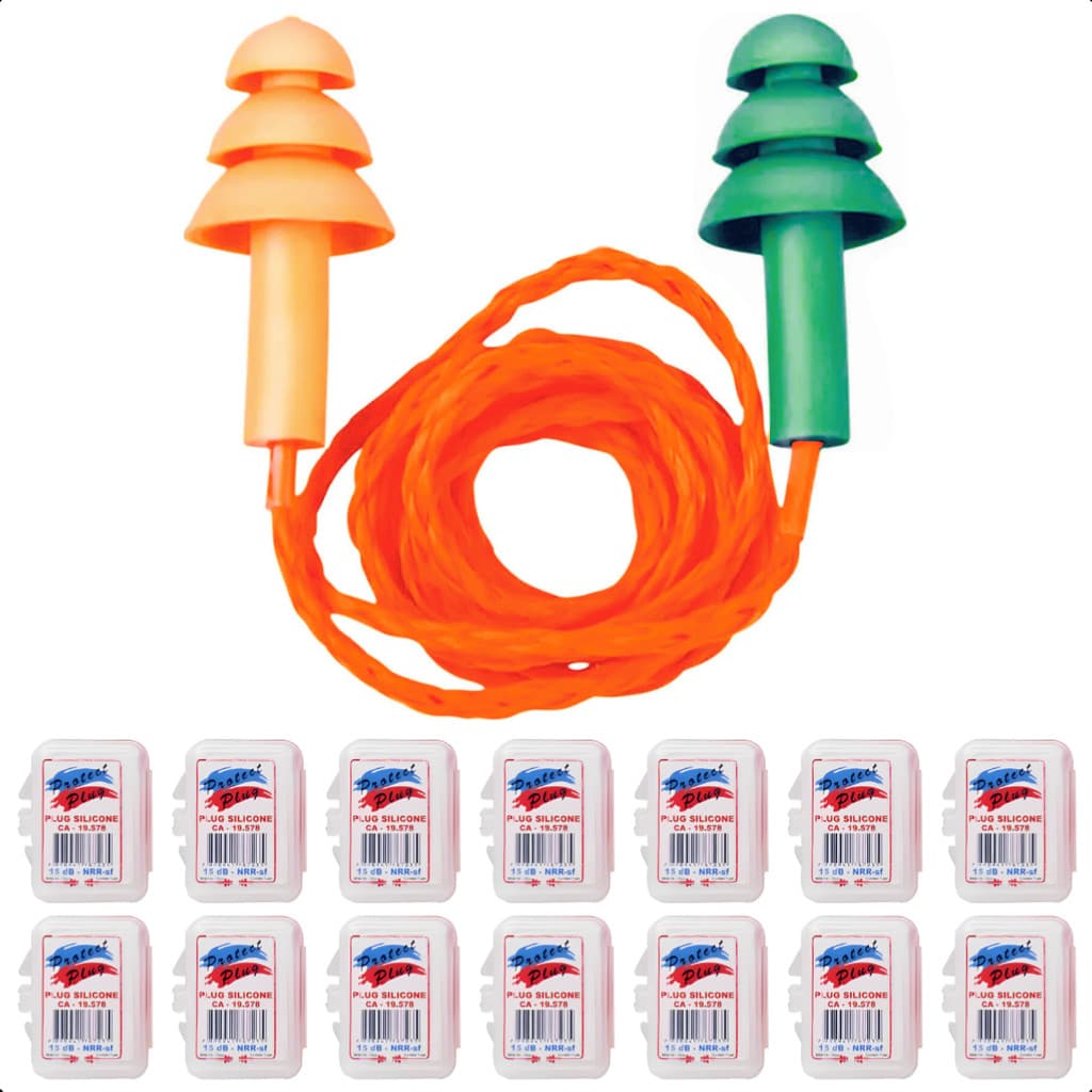 Kit 50 Protetor Auricular Tipo Plug Silicone 15 Db Com Cordão Ouvido Abafador De Ruídos Barulho Epi