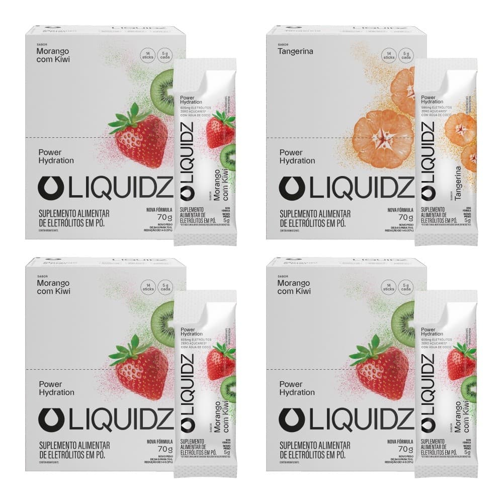 LIQUIDZ® - Eletrólitos Zero Açúcares - Morango|Tangerina- Kit 4 Caixas - 56 sachês