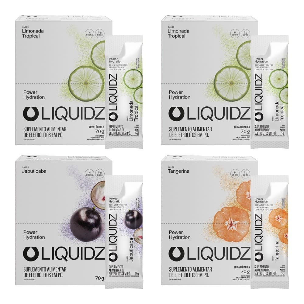 LIQUIDZ® - Eletrólitos Zero Açúcares com 3 Sabores - Kit 4 Caixas - 56 sachês