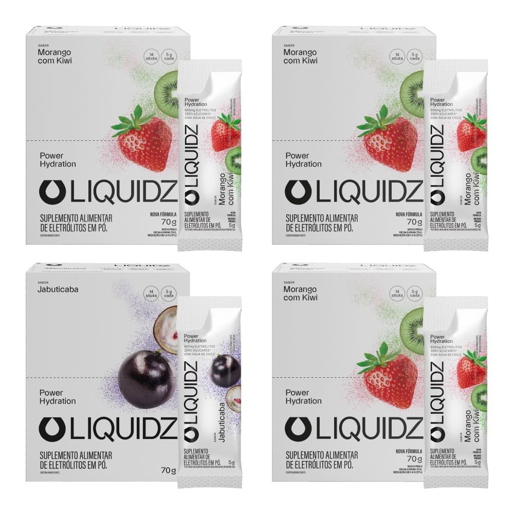 LIQUIDZ® - Eletrólitos Zero Açúcares Jabuticaba e Morango - Kit 4 Caixas - 56 sachês