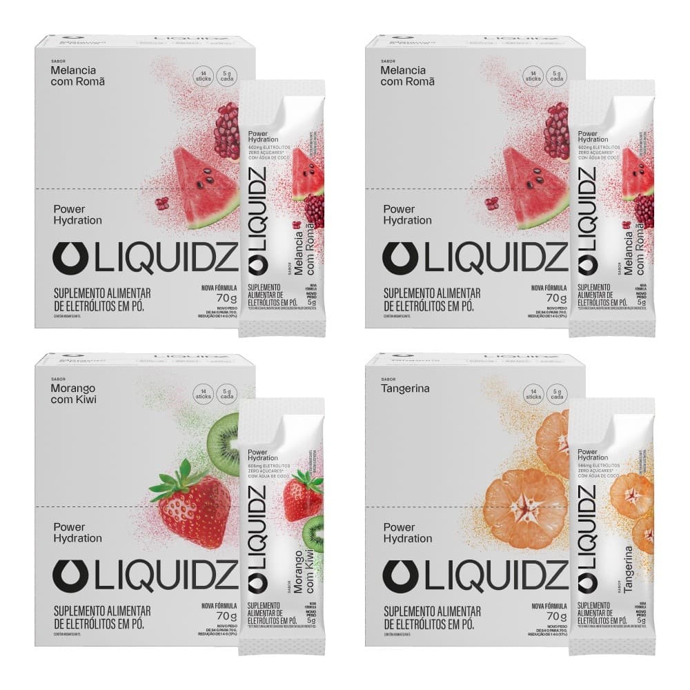 LIQUIDZ® - Eletrólitos Zero Açúcares 3 Sabores - Kit 4 Caixas - 56 sachês