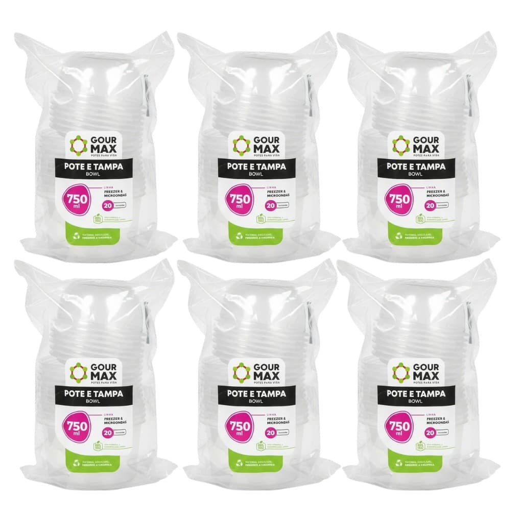 Kit Potes Bowl Descartáveis 750ml GourMax 120un Freezer Microondas Ideal para Marmitas, Delivery e Armazenamento Prático