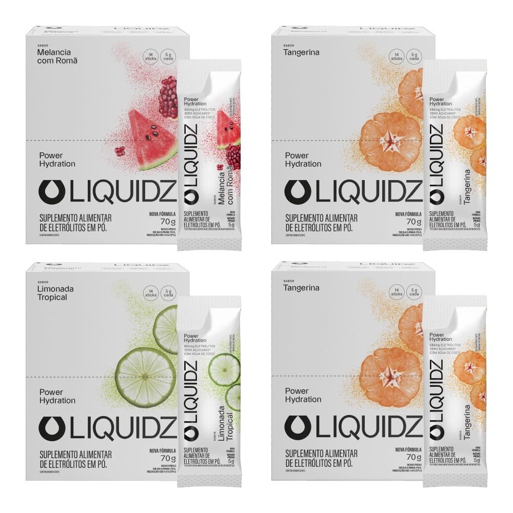 LIQUIDZ® - Eletrólitos Zero Açúcares - 3 Sabores - Kit 4 Caixas - 56 sachês