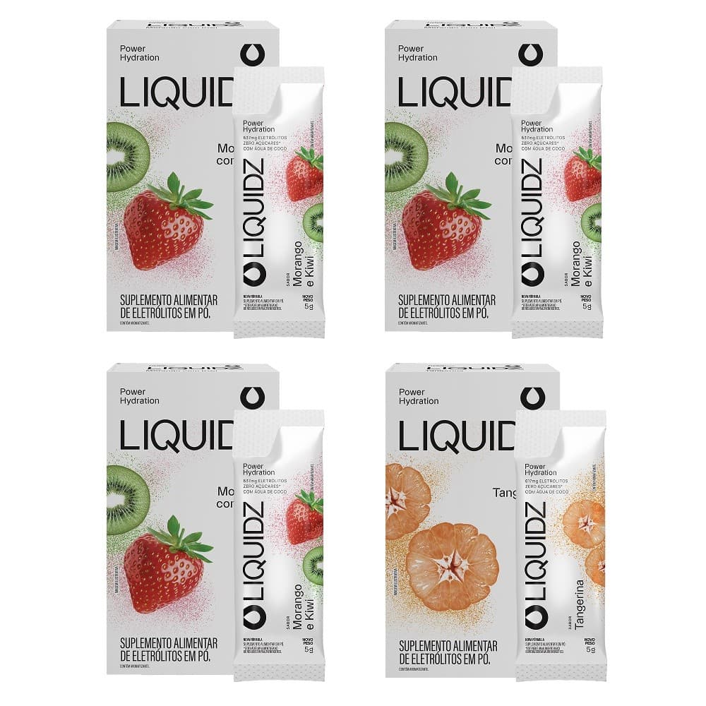 LIQUIDZ® - Eletrólitos Zero Açúcares - Morango | Tangerina - Kit 4 Caixas - 24 sachês