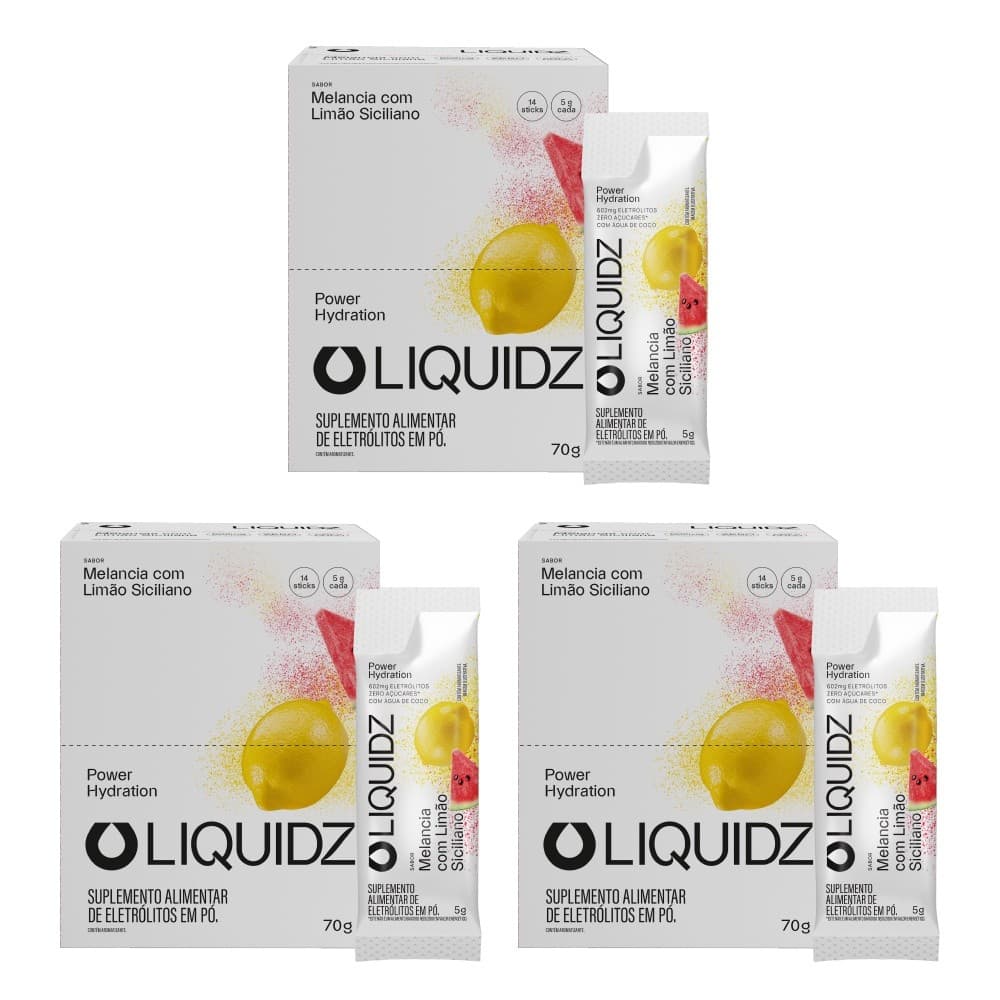 LIQUIDZ® - Eletrólitos Zero Açúcares - Limão Siciliano - Kit 3 Caixas - 42 sachês