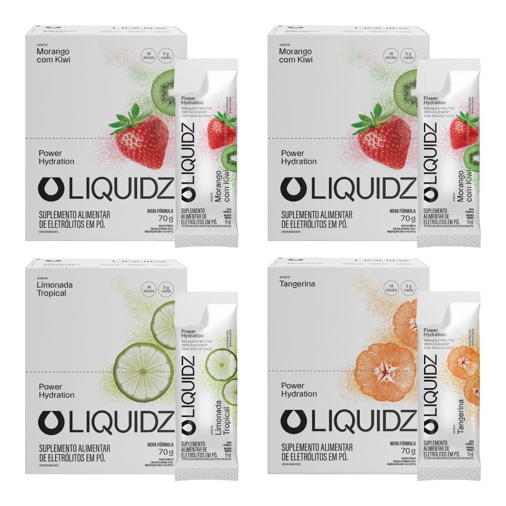 LIQUIDZ® - Eletrólitos Zero Açúcares - 3 Sabores - Kit 4 Caixas - 56 sachês