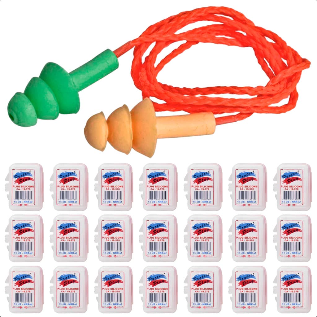Kit 100 Protetor Auricular Tipo Plug Silicone 15 Db Com Cordão Ouvido Abafador De Ruídos Barulho Epi
