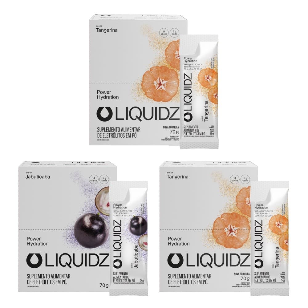 LIQUIDZ® - Eletrólitos Zero Açúcares - Tangerina | Jabuticaba- Kit 3 Caixas - 42 sachês