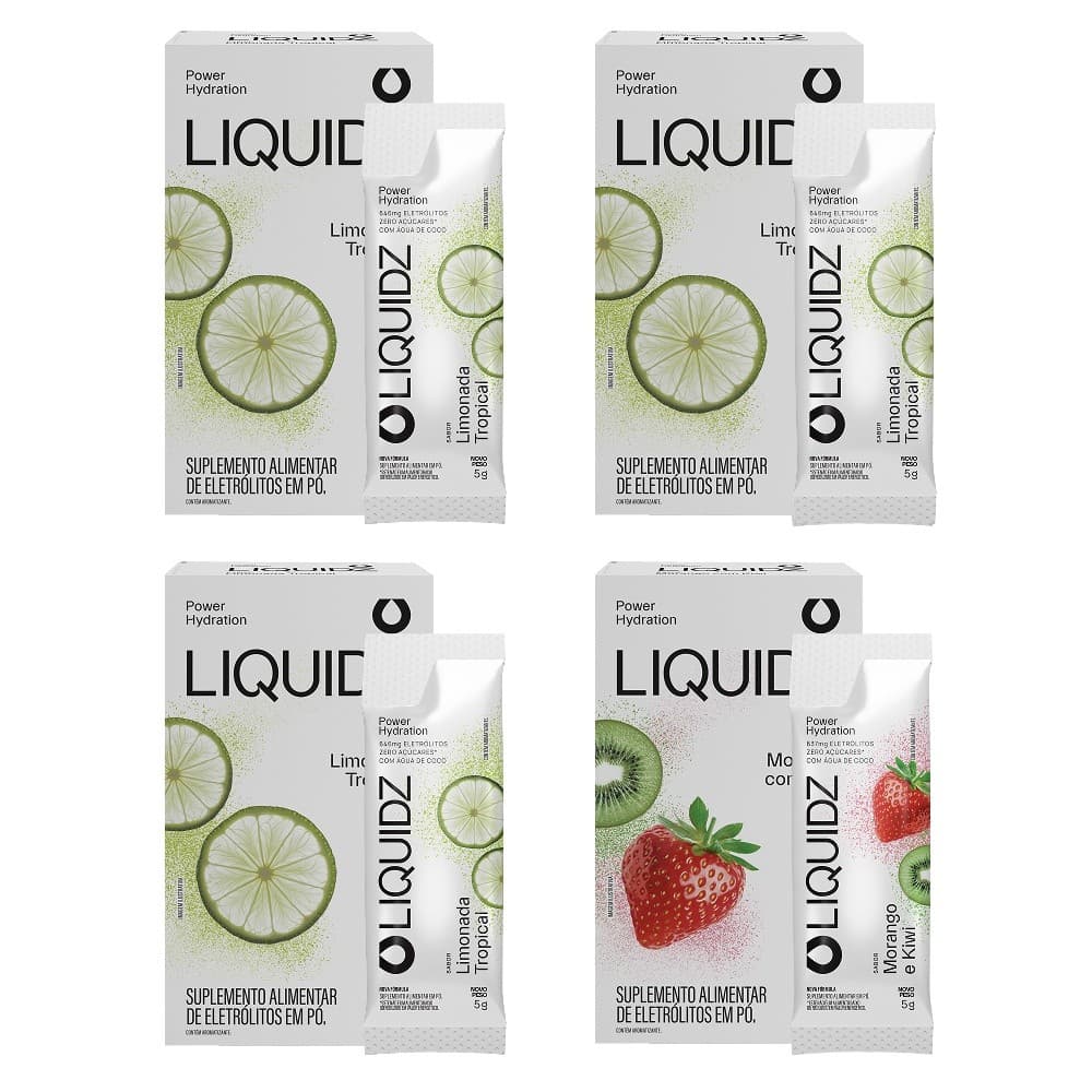 LIQUIDZ® - Eletrólitos Zero Açúcares - Limonada | Morango - Kit 4 Caixas - 24 sachês