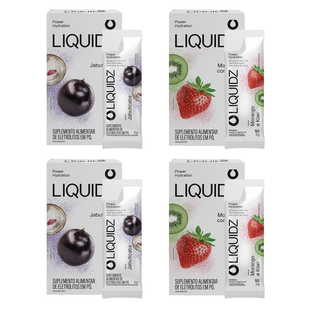 LIQUIDZ® - Eletrólitos Zero Açúcares - Jabuticaba | Morango - Kit 4 Caixas - 24 sachês