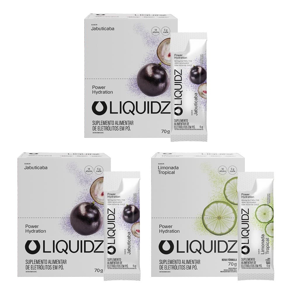 LIQUIDZ® - Eletrólitos Zero Açúcares - Limonada e Jabuticaba- Kit 3 Caixas - 42 sachês