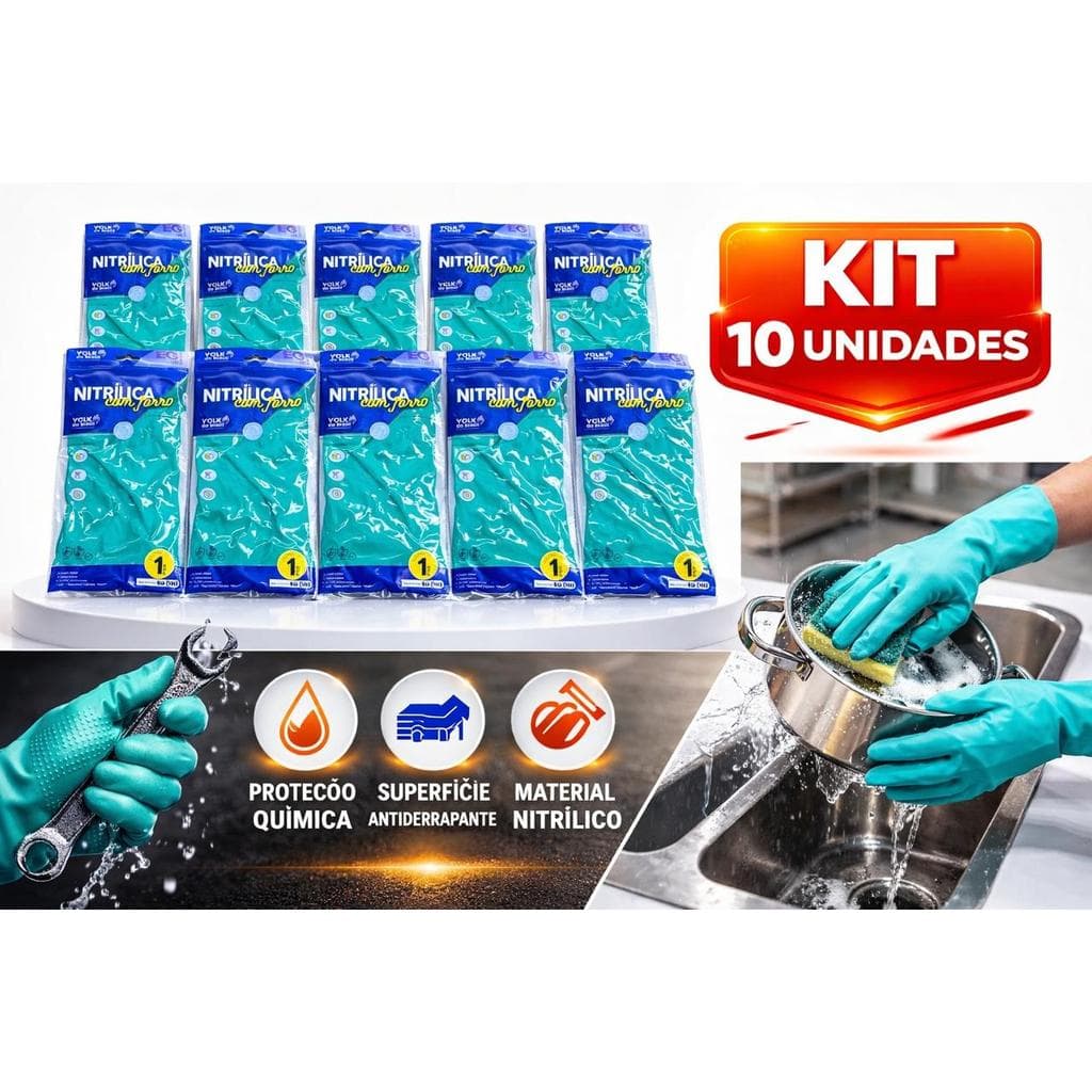 Kit 10 Luva Nitrílica Verde COM FORRO Louça Cozinha Limpeza Produto Químico Antialergica / VOLK Ca 16313