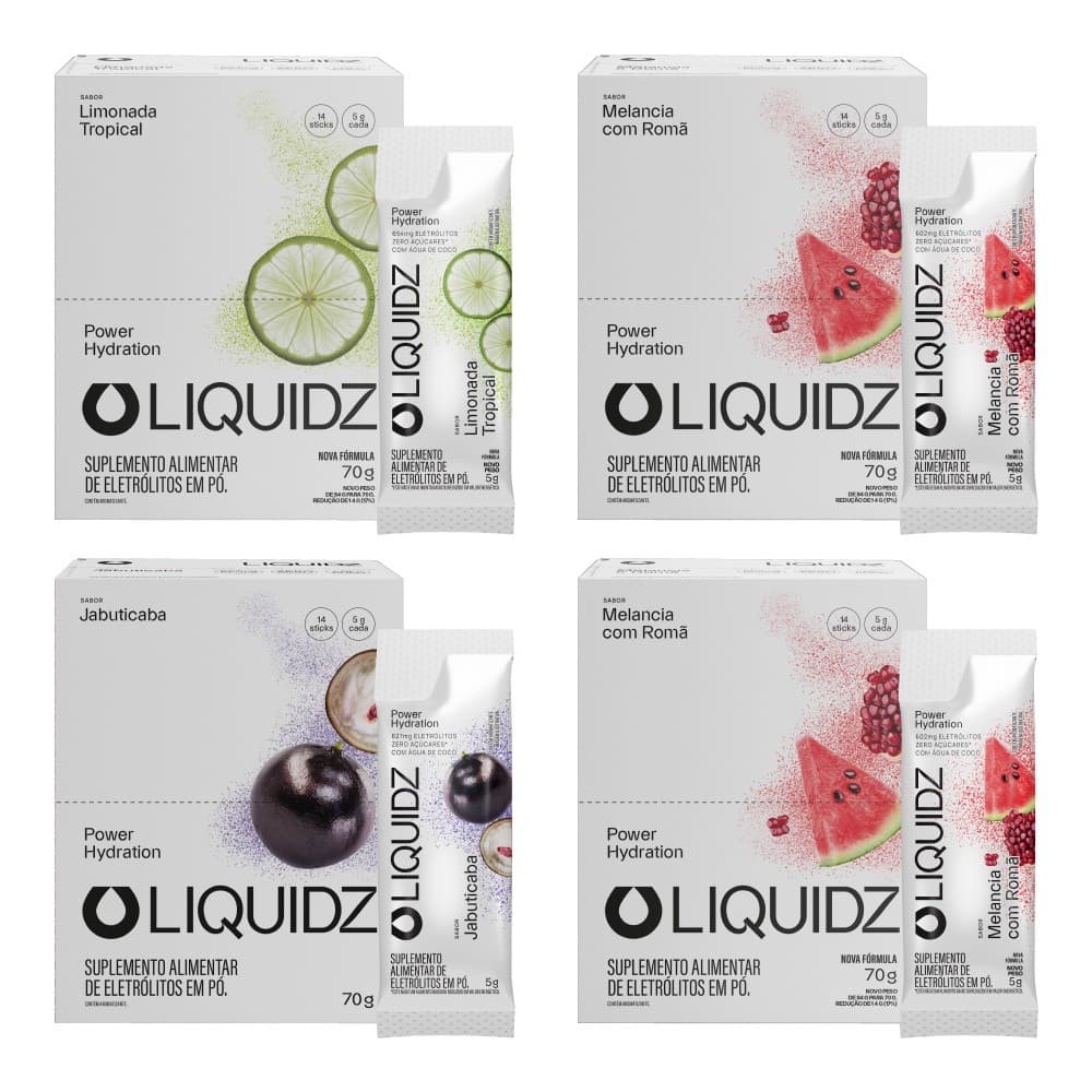 LIQUIDZ® - Eletrólitos Zero Açúcares - 3 Sabores - Kit 4 Caixas - 56 sachês