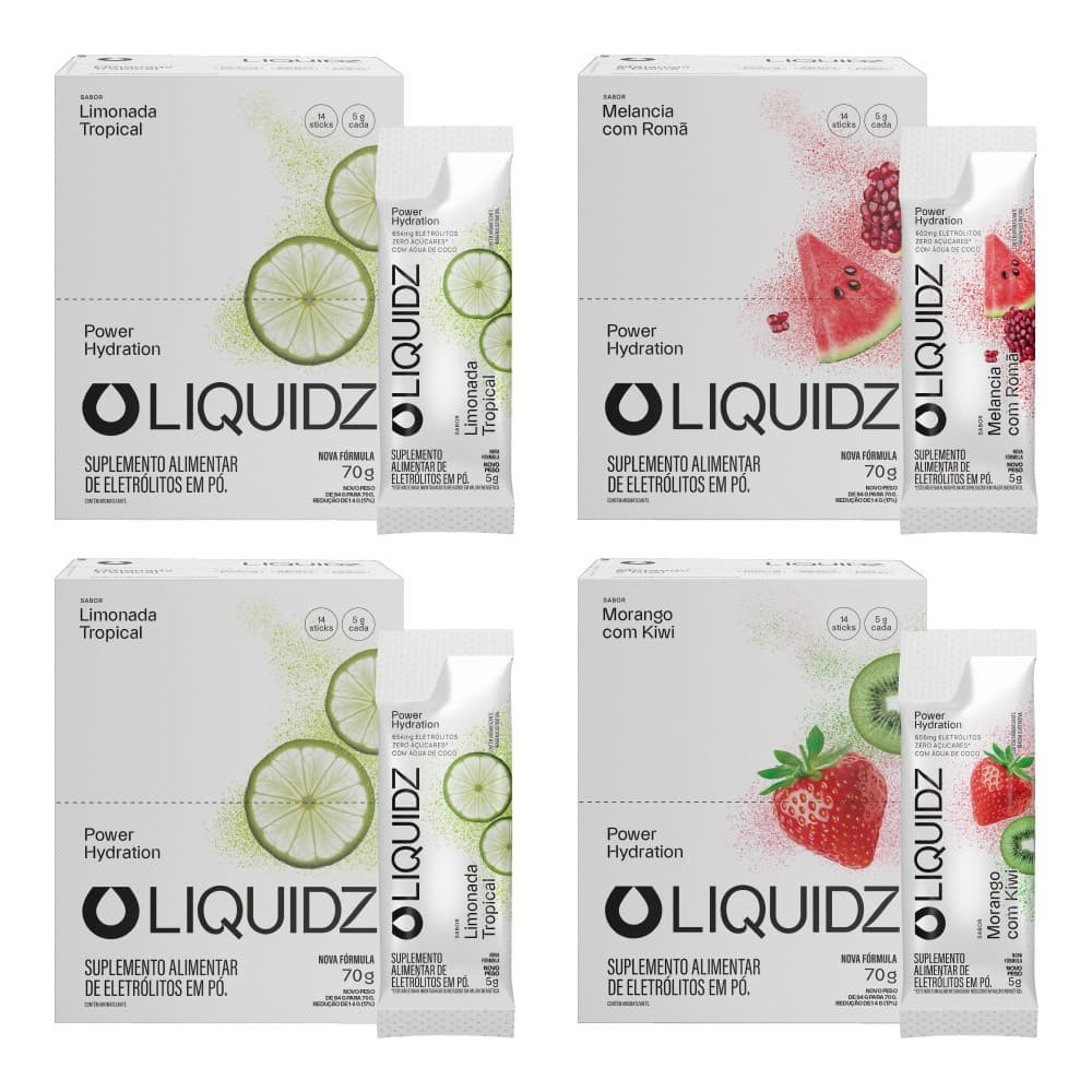 LIQUIDZ® - Eletrólitos Zero Açúcares - 3 Sabores - Kit 4 Caixas - 56 sachês