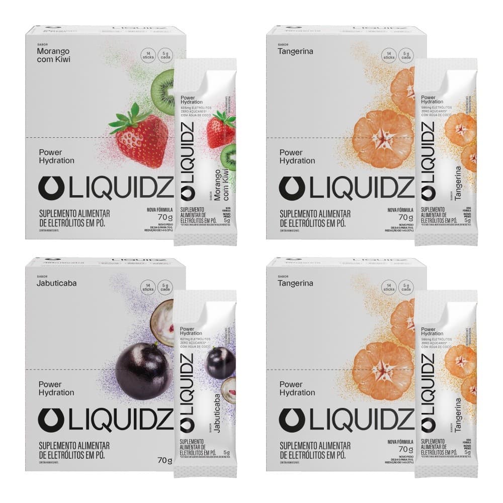 LIQUIDZ® - Eletrólitos Zero Açúcares - 3 Sabores - Kit com 4 Caixas - 56 sachês