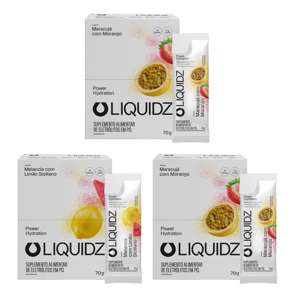 LIQUIDZ® - Eletrólitos Zero Açúcares -  Maracujá | Limão Siciliano - Kit 3 Caixas - 42 sachês