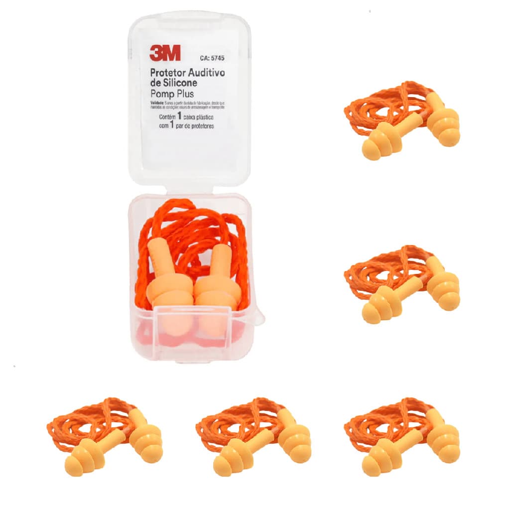 Kit 5 Protetor Auricular 3M Pomp Plus Silicone 19dB com Cordão 3 Flanges Reutilizável Lavável