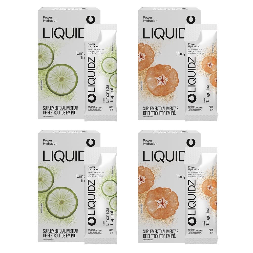 LIQUIDZ® - Eletrólitos Zero Açúcares - Limonada | Tangerina  Kit 4 Caixas - 24 sachês