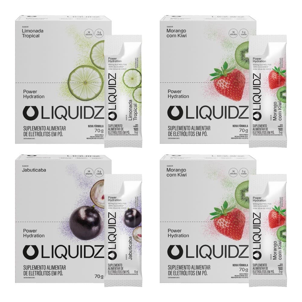 LIQUIDZ® - Eletrólitos Zero Açúcares - 3 Sabores  Kit 4 Caixas - 56 sachês