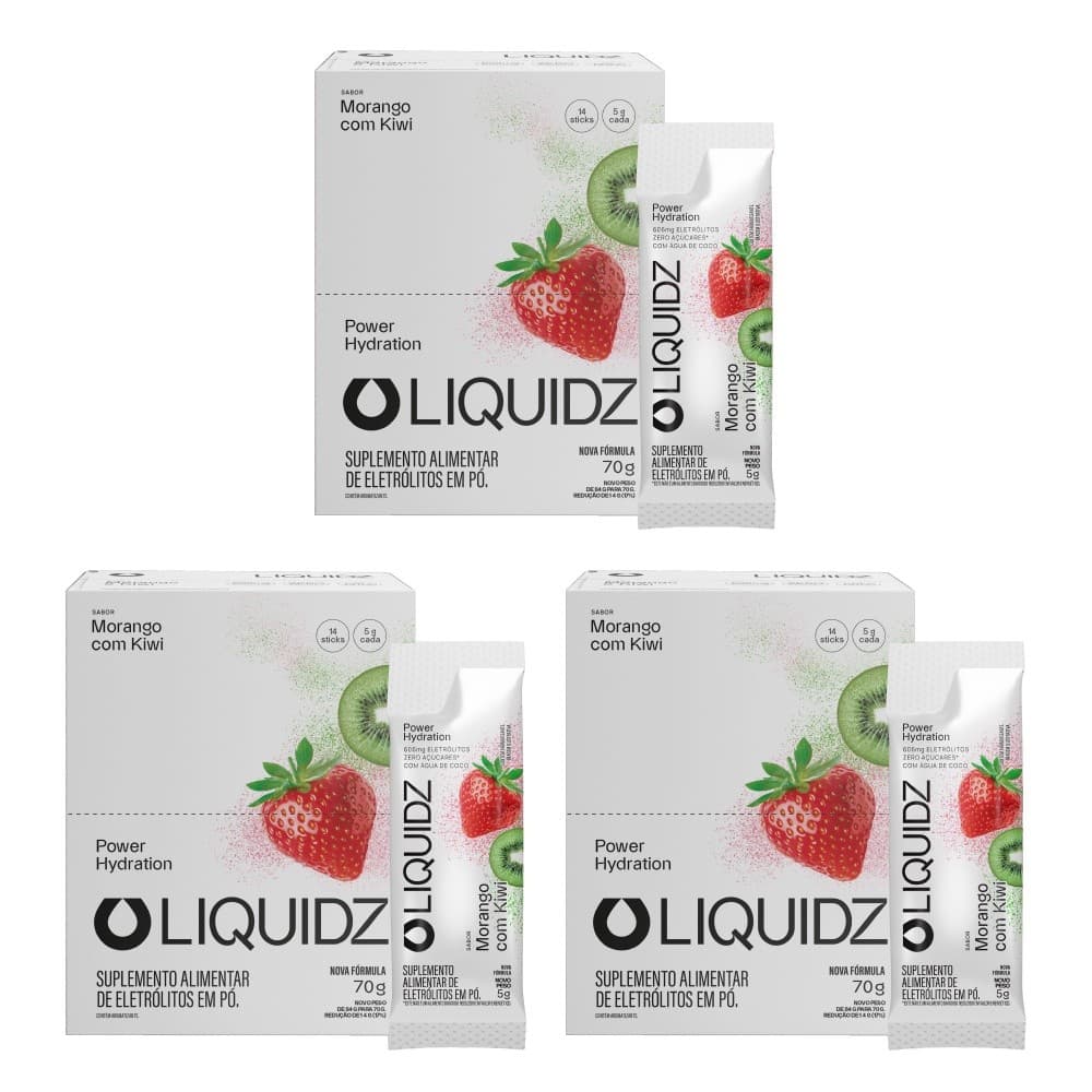 LIQUIDZ® - Eletrólitos Zero Açúcares - Morango com Kiwi - Kit 3 Caixas - 42 sachês