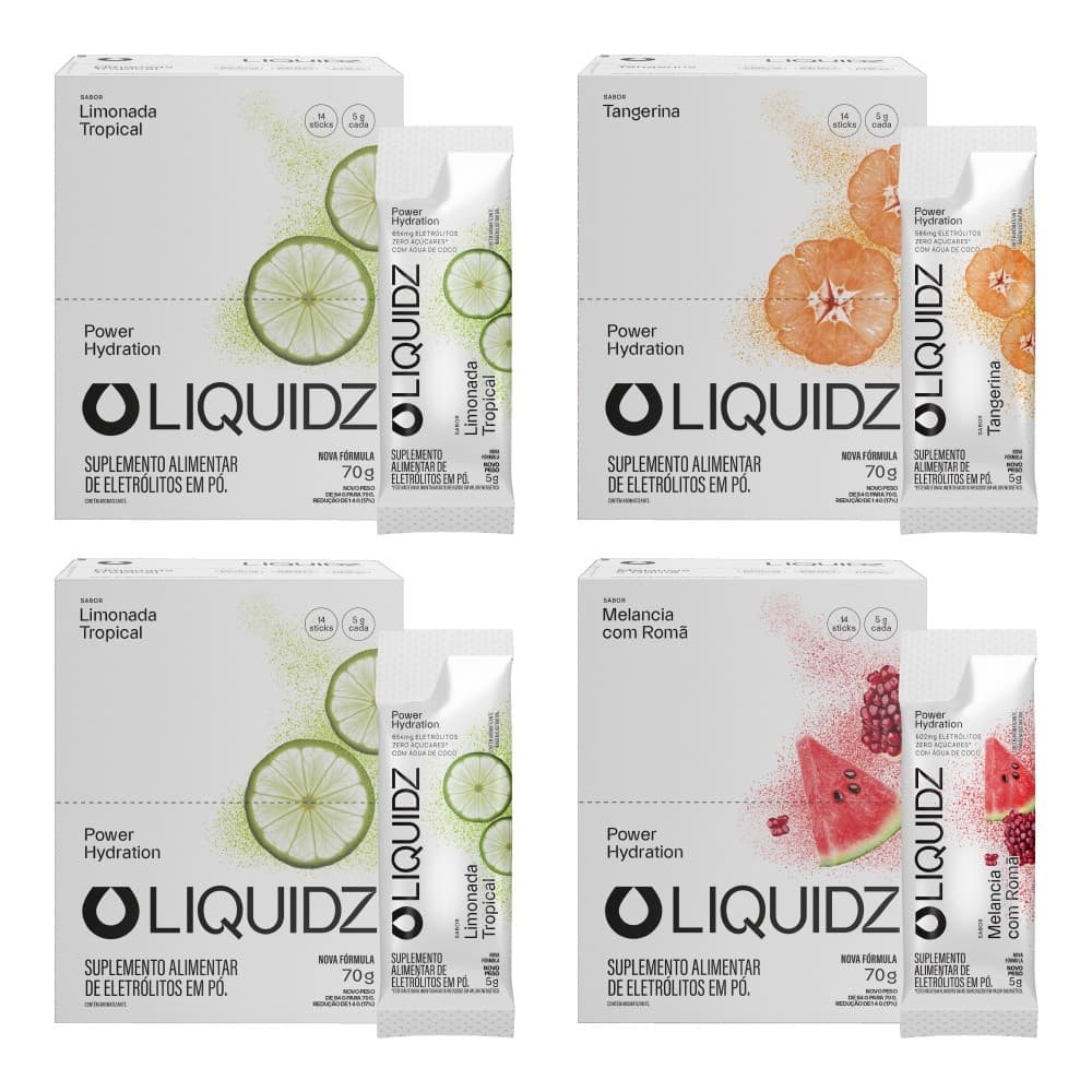 LIQUIDZ® - Eletrólitos Zero Açúcares - 3 Sabores Kit 4 Caixas - 56 sachês
