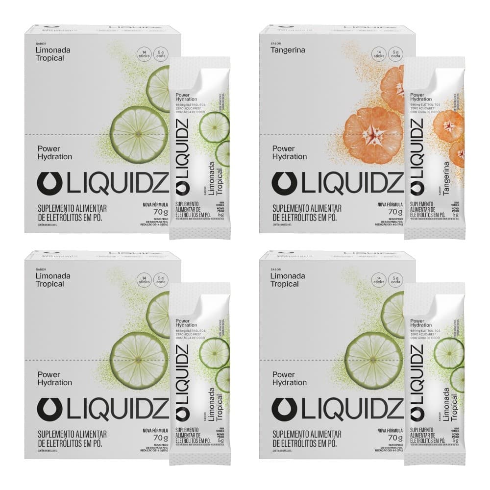 LIQUIDZ® - Eletrólitos Zero Açúcares - Limonada|Tangerina - Kit 4 Caixas - 56 sachês