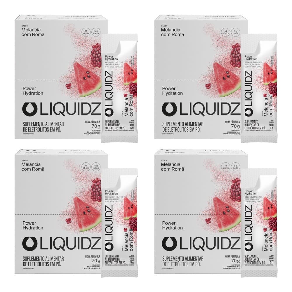 LIQUIDZ® - Eletrólitos Zero Açúcares - Melancia com Romã - Kit 4 Caixas - 56 sachês