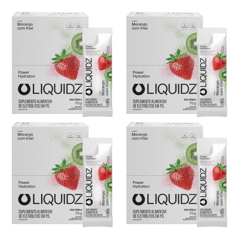 LIQUIDZ® - Eletrólitos Zero Açúcares - Morango com Kiwi - Kit 4 Caixas - 56 sachês