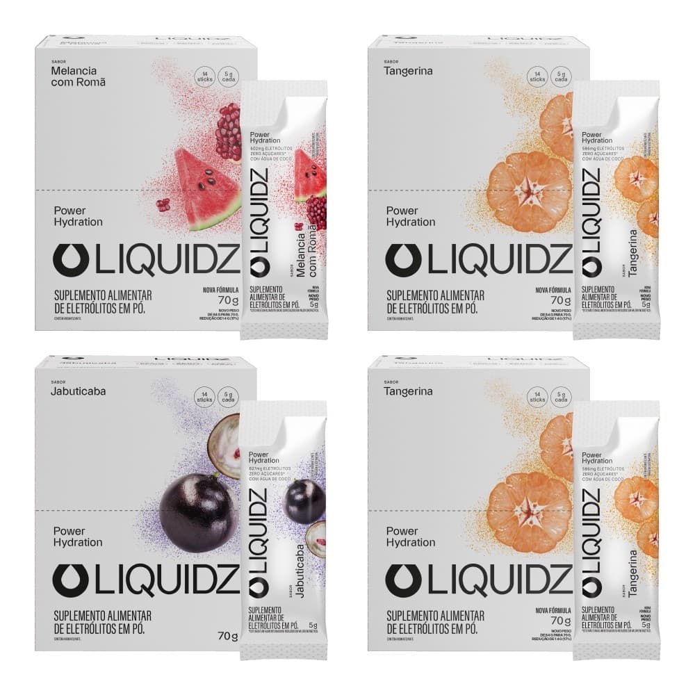 LIQUIDZ® Eletrólitos Zero Açúcares com 3 Sabores - Kit 4 Caixas - 56 sachês
