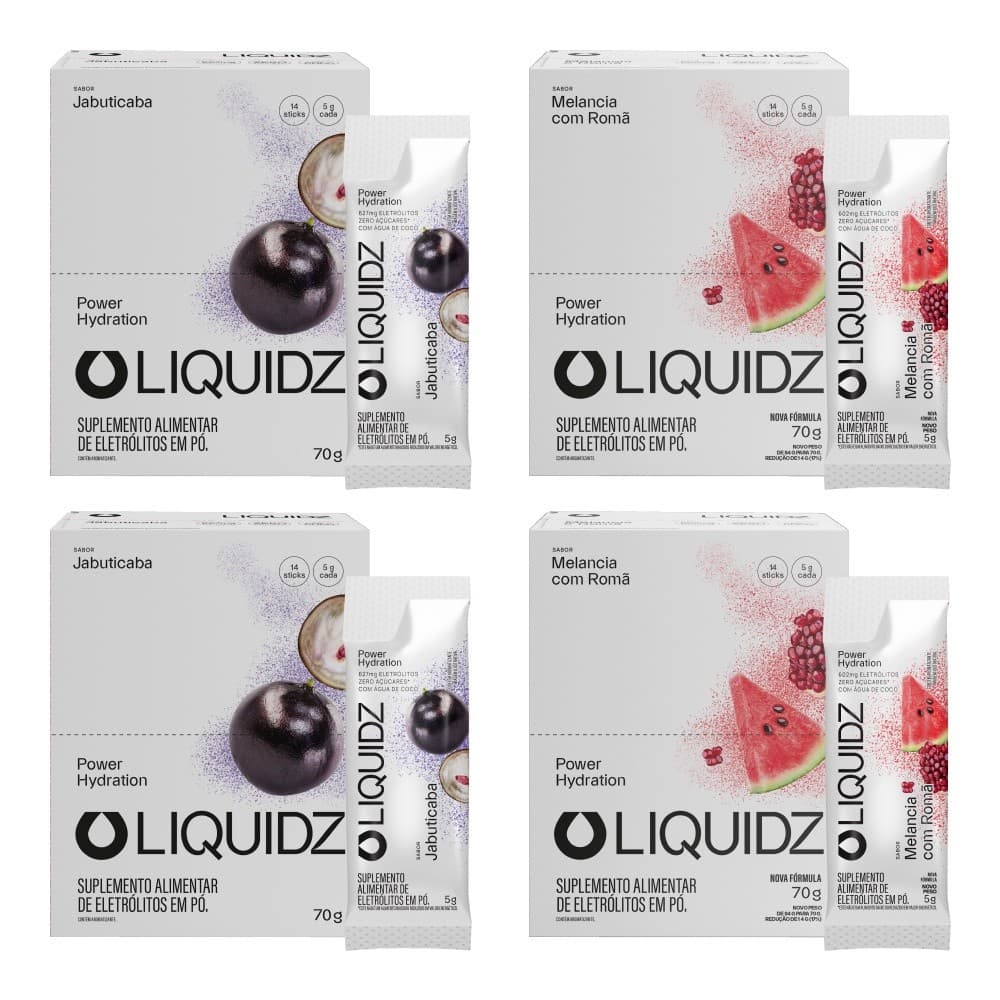 LIQUIDZ® - Eletrólitos Zero Açúcares - Jabuticaba | Melancia - Kit 4 Caixas  56 sachês