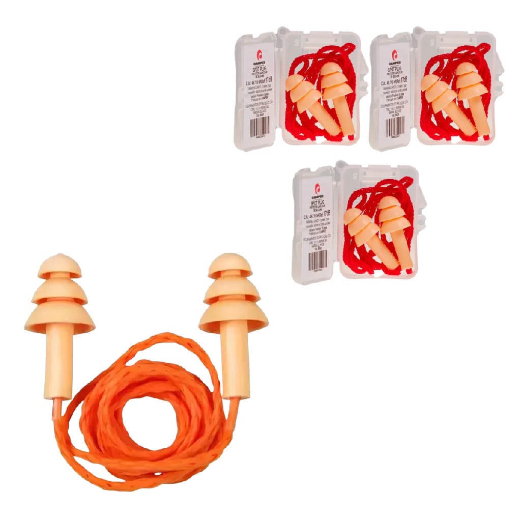 Kit 3 Protetor Auricular Spot Camper de Silicone 17 dB com Cordão Estojo e Clipe Reutilizável