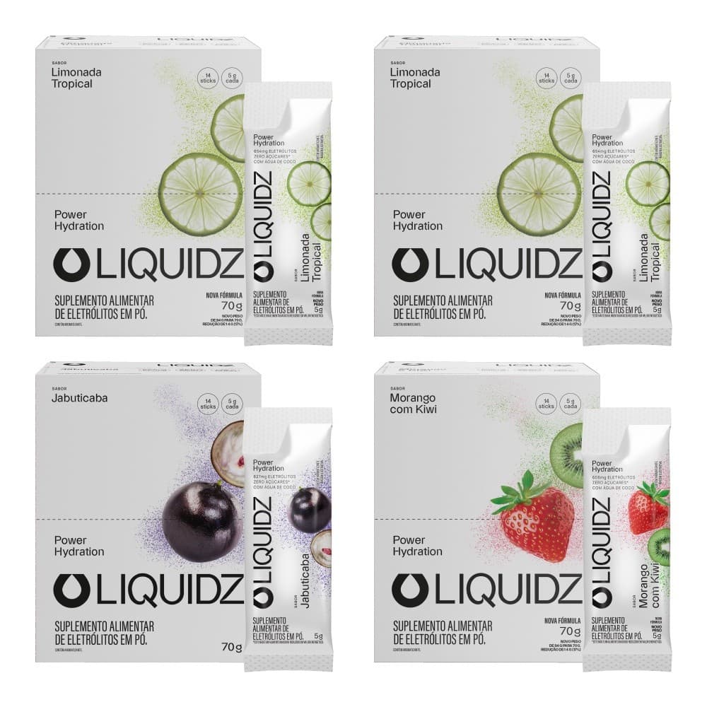 LIQUIDZ® - Eletrólitos Zero Açúcares - 3 Sabores - Kit 4 Caixas - 56 sachês